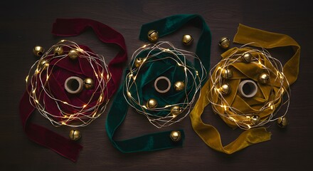 Elegant Christmas Velvet Ribbons with Golden Bells and Fairy Lig