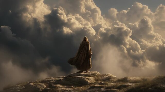 Bearded elderly man in robe stands on high cliff edge facing immense sky filled with dramatic clouds, warm light highlighting figure. Scene with man, staff, robe, elderly, beard, standing, cliff, sky