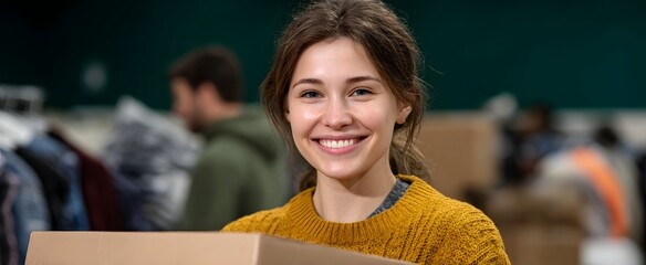 Cheerful young woman holds a bright box of donated items in a bustling thrift store.
