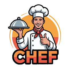 Smiling chef in uniform holding silver cloche and giving thumbs up cooking food
