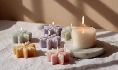 multiple snowflake-shaped, colorful candles with wax, resting on a white tablecloth on a marble flat, with a burning flame, centered and isolated against a beige background, with shadows cast by the s