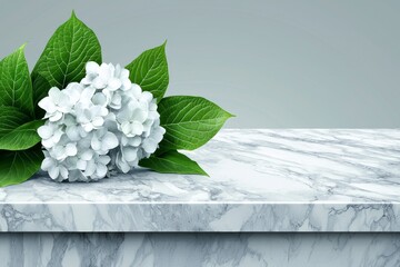 Elegant White Hydrangea Bouquet on Modern Marble Surface with Green Leaves