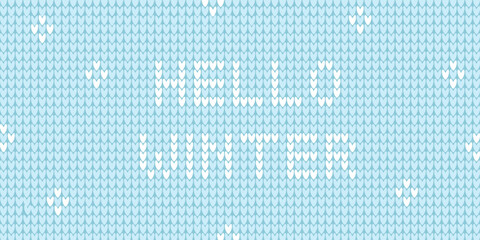 Hello Winter banner. Cozy pattern with a knitted effect. Light blue pastel background. Horizontal knitted blanket template with text. Vector graphics