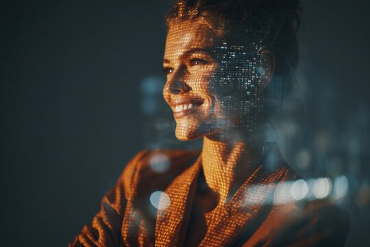 Pioneering change: women in leadership roles. Financial charts. Smiling businesswoman exudes confidence in a sunlit office. Economic growth. Market analysis.