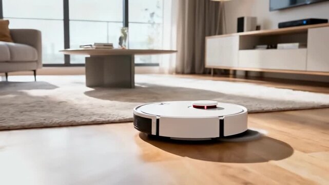 Robot Vacuum Cleaner Operating Modern Living Room Smart Home