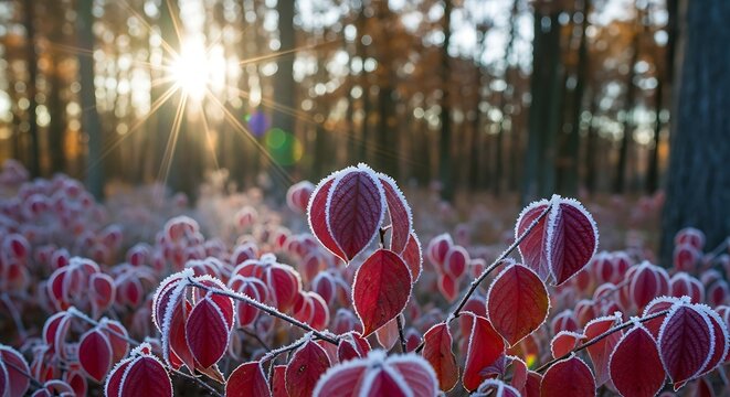 Beautiful frosty red leaves illuminated by the sun in an autumnal forest landscape - Powered by Adobe