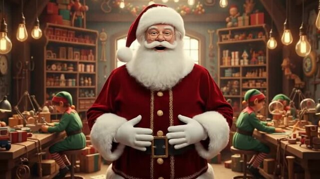 A whimsical scene featuring Santa in a workshop filled with elves crafting toys, a symbol of holiday magic, festive cheer, and childhood dream