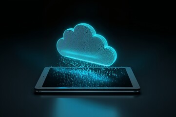 Glowing cloud above tablet with data streaming down in a dark technological environment scene view