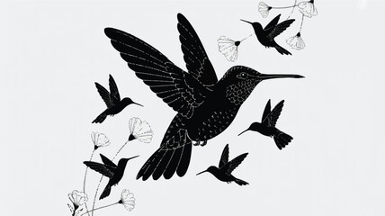 Obraz premium A black and white illustration featuring multiple hummingbirds in various poses and positions 