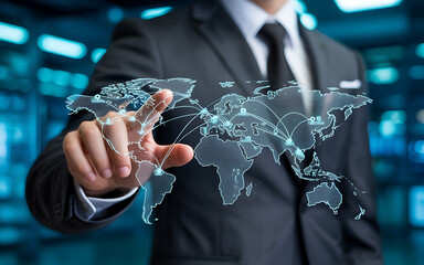 Businessman touching a glowing world map with connections, symbolizing global business and technology