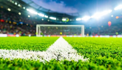 Dramatic Low Angle View of a Soccer Field with Goal and Stadium Lights
