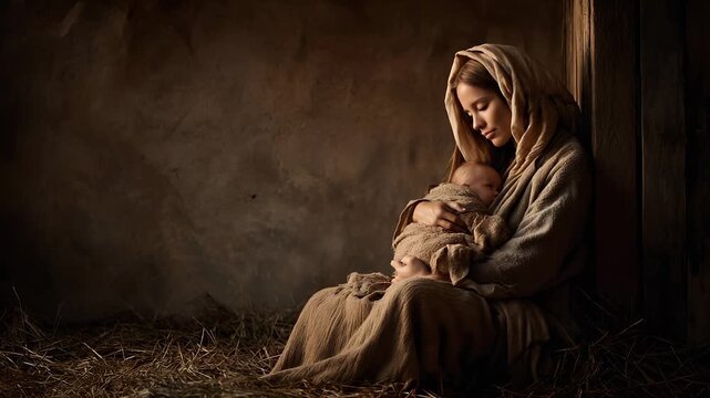 The woman holds her baby tightly, mother and child wrapped together. The infant lies peacefully, surrounded by love and care. Tenderness radiates from the mother arms, a bond unbroken and eternal.