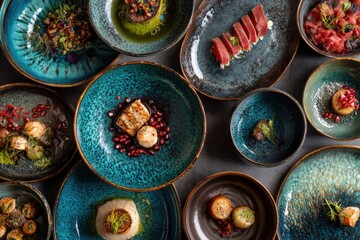 Exquisite culinary presentation of artfully arranged gourmet dishes with vibrant colors and textures highlighting a fusion of flavors for an unforgettable dining experience