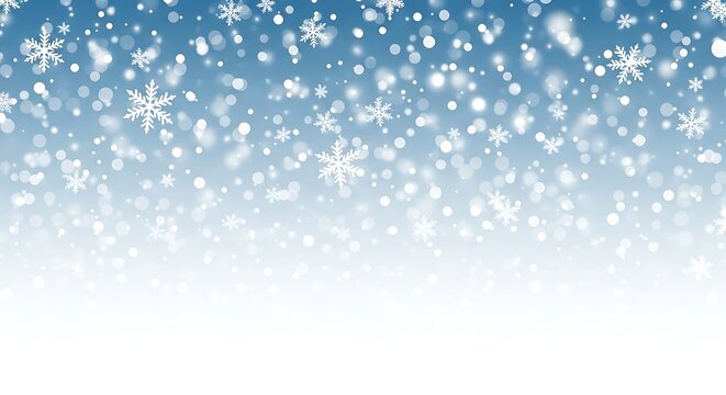 Beautiful snowy winter background illustration showcasing falling snowflakes and bokeh effects over a gradient blue and white sky backdrop