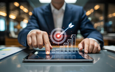 Businessmans hand pointing at a tablet displaying a bullseye target with an arrow and a bar chart, illustrating business objectives and upward trend