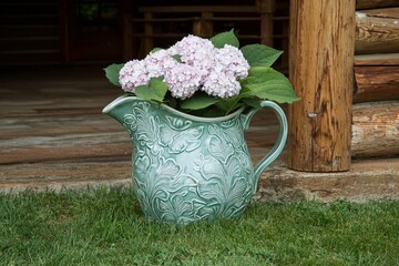 Vintage Pitcher with Light Pink Hydrangeas Displayed on Green Grass Near Wooden Cabin