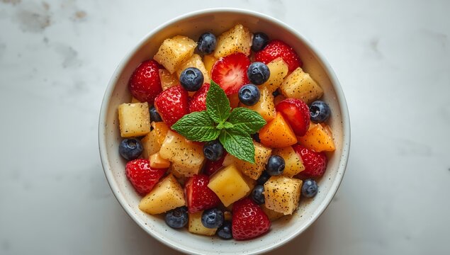 Vibrant Bowl of Assorted Fruits, Featuring Fresh Berries and Tropical Pineapple Pieces.