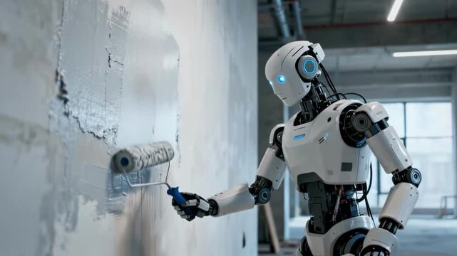 Humanoid Robot Painting Wall Construction Renovation Work