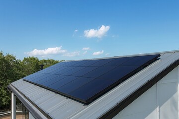 Solar panels installed on a metal roof with a blue sky and some trees in the background on a sunny day