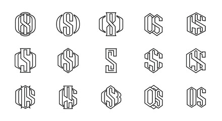 Set of 15 unique monogram letter O and S logos, presented in a clean, modern, geometric, and serif style. These vector illustrations feature bold outlines on a white background, perfect for branding