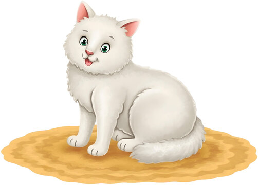 Fluffy White Cat Sitting Calmly on Ground