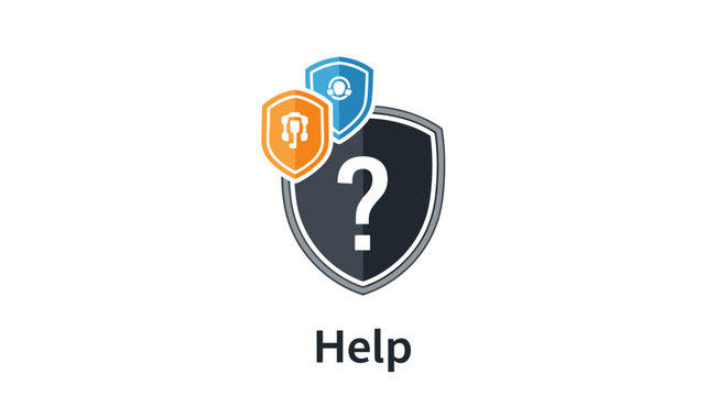 Set of support icons featuring a question mark shield, a headset icon, and a customer service icon, symbolizing help, call center, hotline, live chat, assistance, technical support, communication