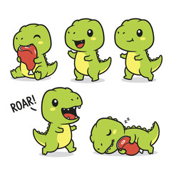 Obraz premium Cute Cartoon Baby Dinosaur Character Set: Adorable Green T-Rex Eating, Waving, Roaring, and Sleeping, Featuring Playful Expressions and Actions