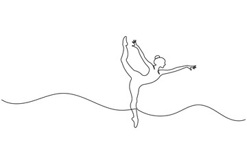 Ballet dancer performing graceful pose in one line minimalist drawing style