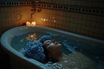 Serenity of Hydrangeas in a Candlelit Bath for Relaxation and Self-Care Moments