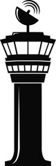 Black vector illustration of airport control tower with radar antenna, aviation communication structure design for air traffic control and transportation industry