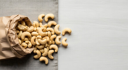 Cashew Nuts Spilling from Paper Bag on Rustic Cloth