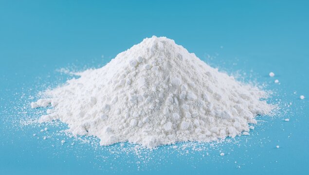 White Powder Mound on a Blue Surface, HighKey Lighting, Abstract Form, Fine Texture.