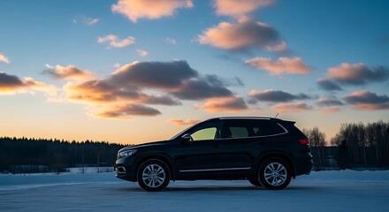 Black suv parked on snow with a vibrant sunset and beautiful cloudscape showing in the background of the image.