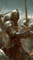 Obraz premium A knight in full armor stands with a sword, prepared for battle. Soldiers surround him amidst snowfall, weapons raised, suggesting a medieval war scene.