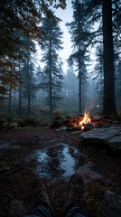 Fototapeta premium View of a person's legs and boots in front of a small campfire in the Harz National Park. Tall, dark trees surround the area and a layer of mist hangs in the air.