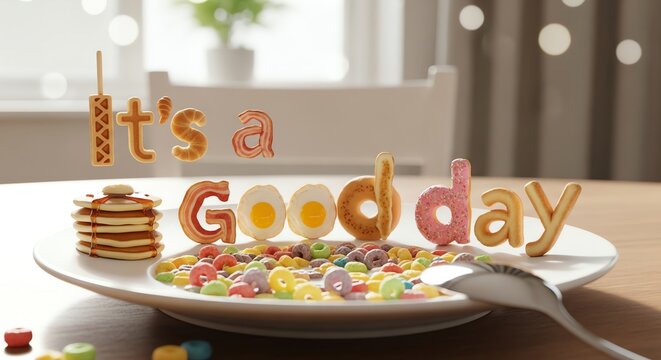 A plate of cereal and pancakes with the words its a good day spelled out in food on a table in a bright and cheerful setting