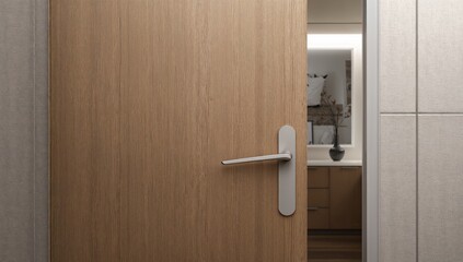 Wooden Door with Metallic Handle and Texture, a Glimpse Beyond Interior Elements.