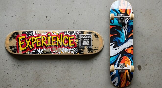 Two skateboards with colorful designs and creative expression