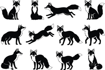 Collection of fox silhouettes in different poses, walking, sitting, and running, elegant black animal vector illustration for wildlife, forest, and nature design projects