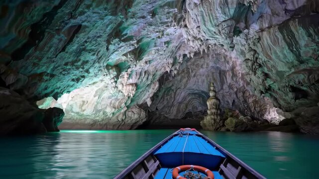 Boat journeys in cave with water and light, for travel, tourism, and background use