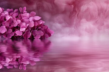 Delicate Clusters of Purple Hydrangeas Reflecting in Calm Water with Soft Pink Background