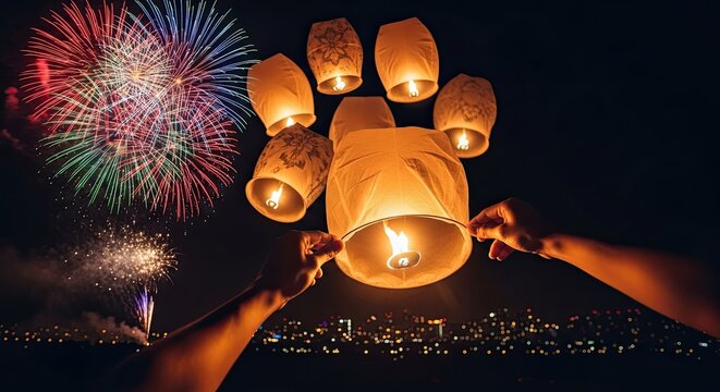 Sky lanterns rise into the night sky amid fireworks celebration