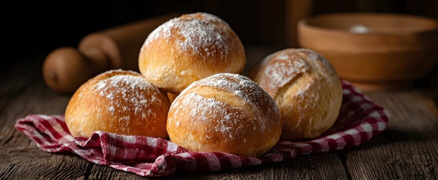 The freshly baked bread rolls sit like fluffy clouds dusted with flour on a wooden stage