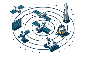 Isometric view of space exploration technology: satellites, rocket, lander, rover, and telescope © Mark
