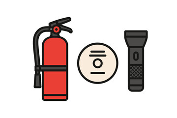 Essential safety and emergency equipment set featuring a fire extinguisher, warning sign, and flashlight