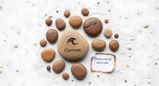 Stone group with Current logo on beach sand