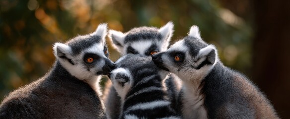 Obraz premium The group of lemurs participates in mutual grooming activities.