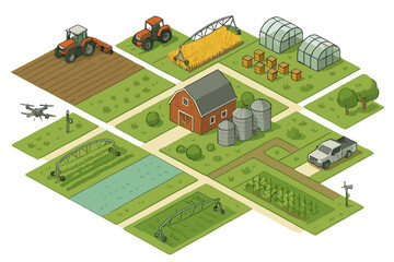 Isometric view of a modern agricultural farm layout with barn, silos, tractors, greenhouses, and drone technology © Mark