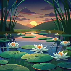 Sunset Lotus Pond Landscape