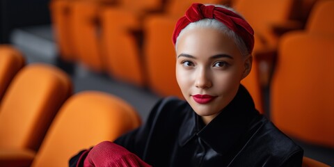 Young asian female with red headband and gloves in theater setting
